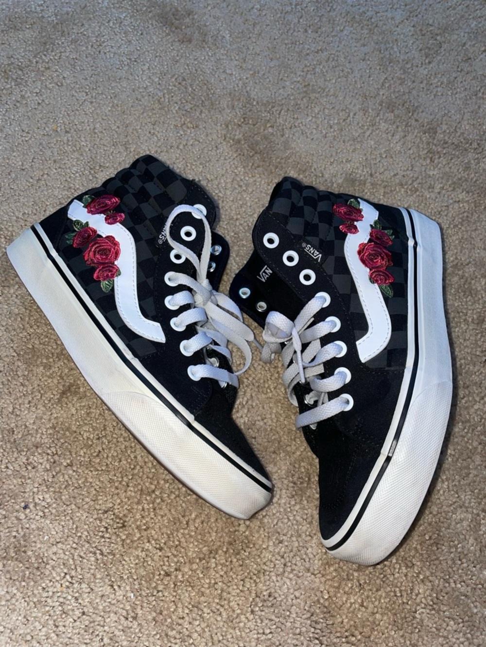 Vans Black Checkerboard High-Top Sneakers with Red Rose Embroidery